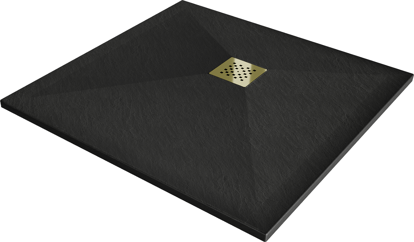 Mexen Stone+ brodzik kompozytowy kwadratowy 80 x 80 cm, czarny, maskownica złota - 44708080-G