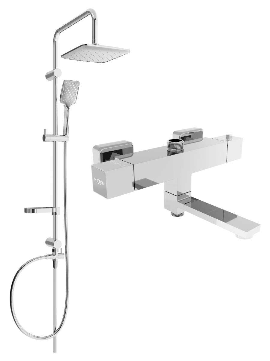 Mexen Sven zestaw wannowo-prysznicowy z deszczownicą i baterią wannowo-prysznicową termostatyczną Cube, chrom - 77910262-00