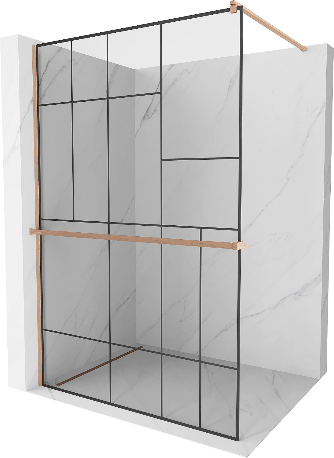 Mexen Kioto+ ścianka prysznicowa z półką Walk-in 70 x 200 cm, czarny wzór, miedź szczotkowana - 800-070-121-65-78