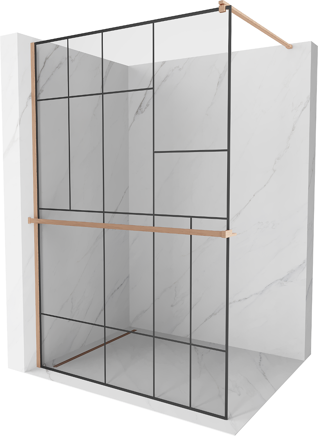 Mexen Kioto+ ścianka prysznicowa z półką Walk-in 130 x 200 cm, czarny wzór, miedź szczotkowana - 800-130-121-65-78