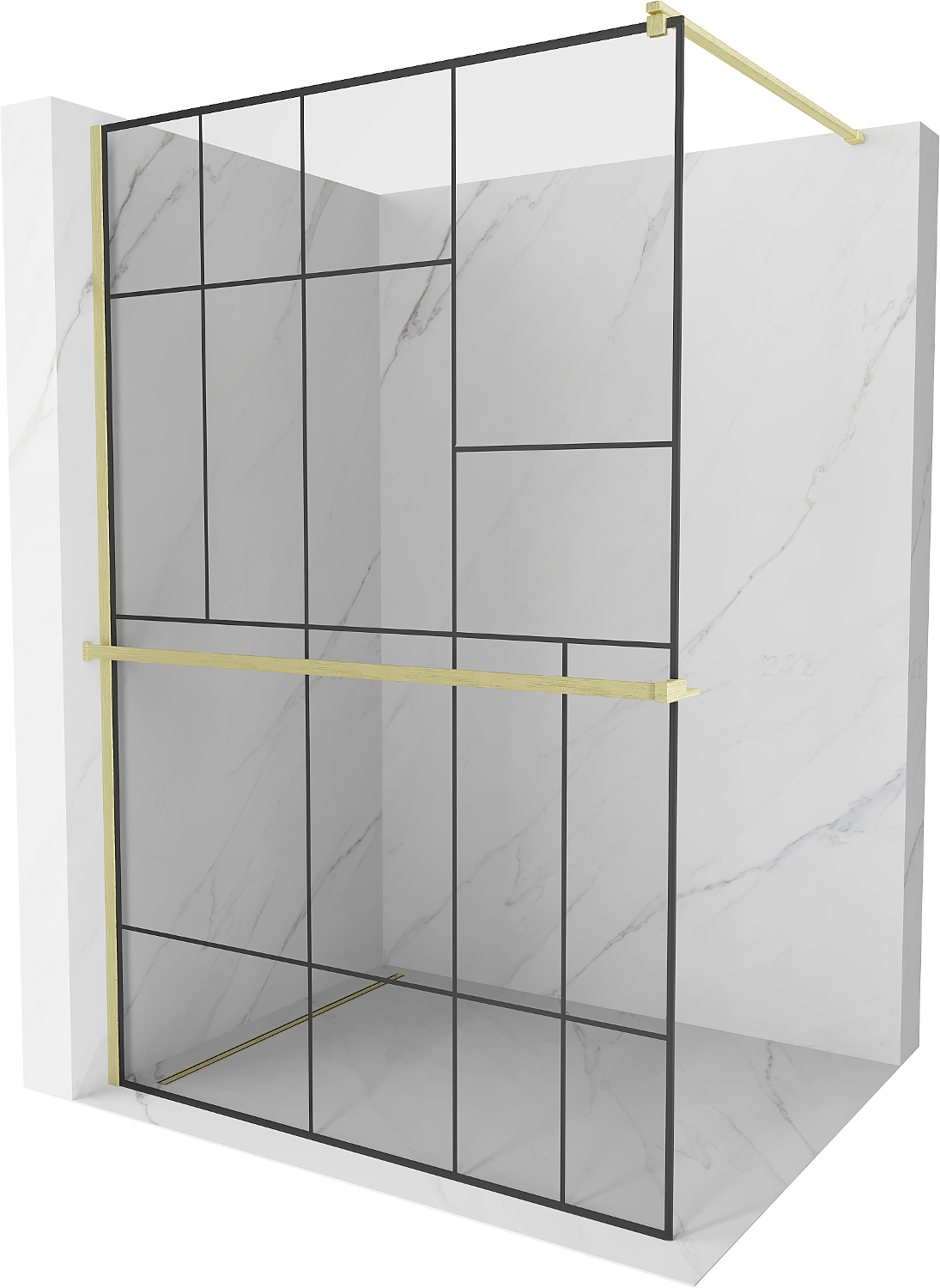 Mexen Kioto+ ścianka prysznicowa z półką Walk-in 130 x 200 cm, czarny wzór, złota szczotkowana - 800-130-121-55-78