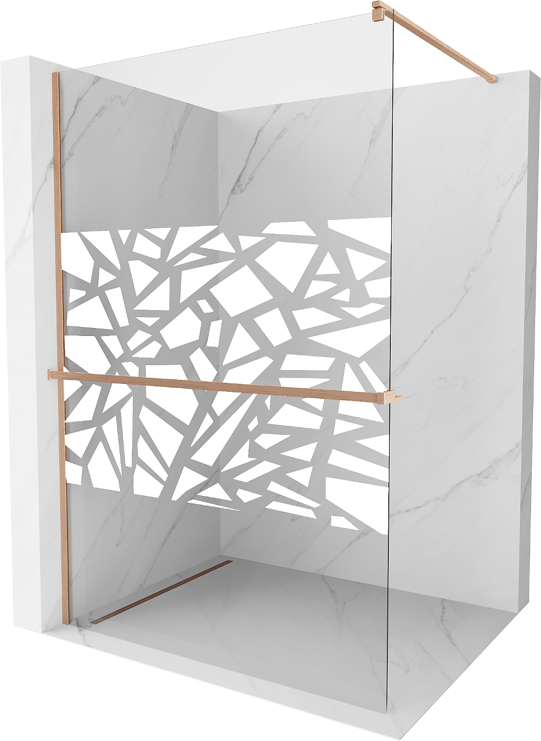 Mexen Kioto+ ścianka prysznicowa z półką Walk-in 130 x 200 cm, biały wzór, miedź szczotkowana - 800-130-121-65-85