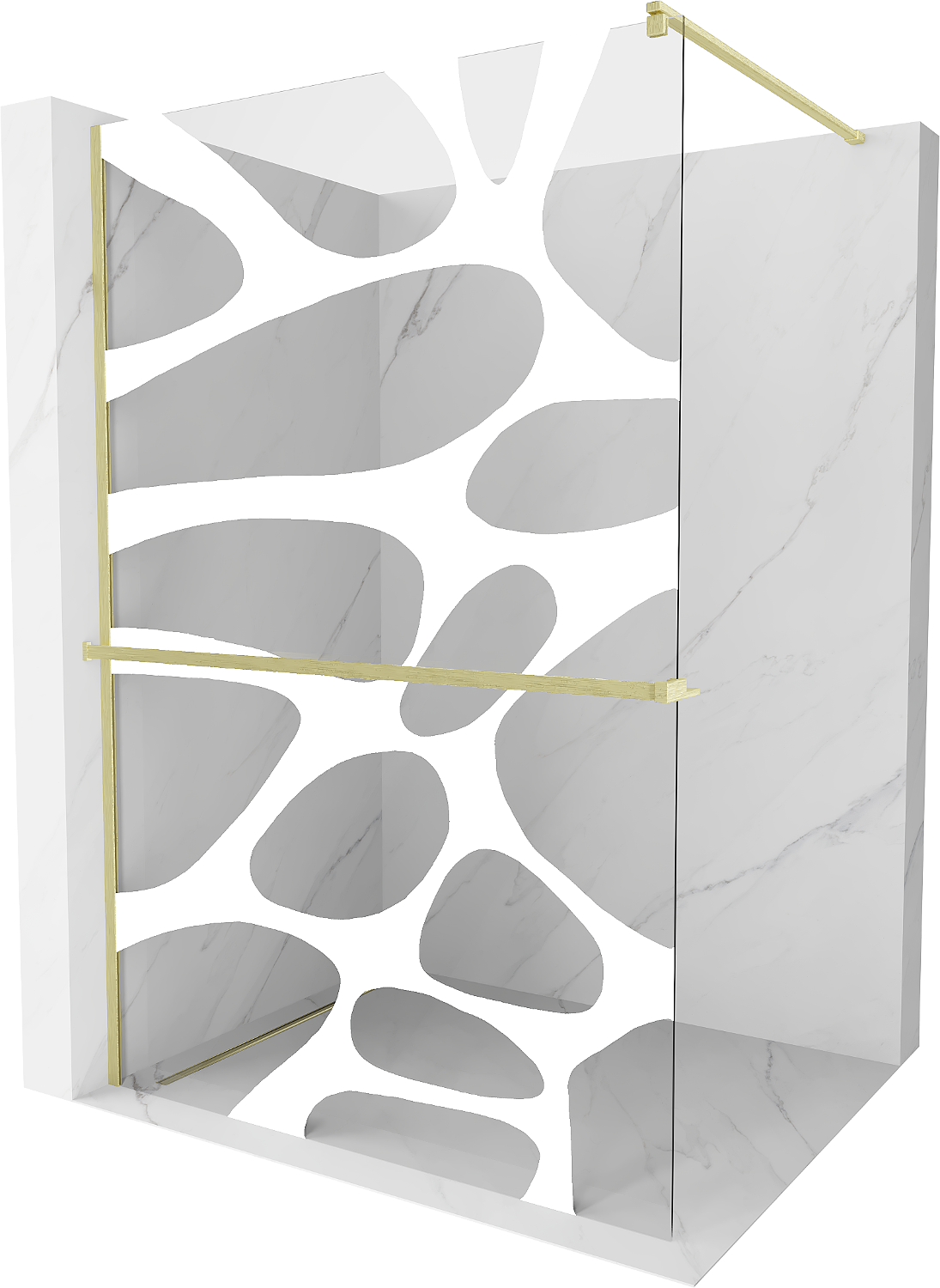 Mexen Kioto+ ścianka prysznicowa z półką Walk-in 140 x 200 cm, biały wzór, złota szczotkowana - 800-140-121-55-97