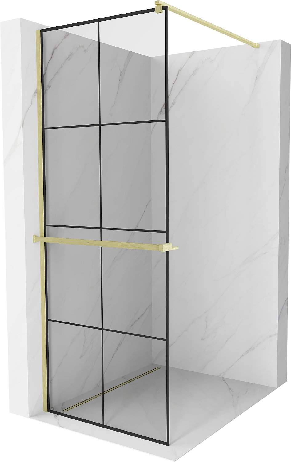 Mexen Kioto+ ścianka prysznicowa z półką Walk-in 80 x 200 cm, czarny wzór, złota szczotkowana - 800-080-121-55-77