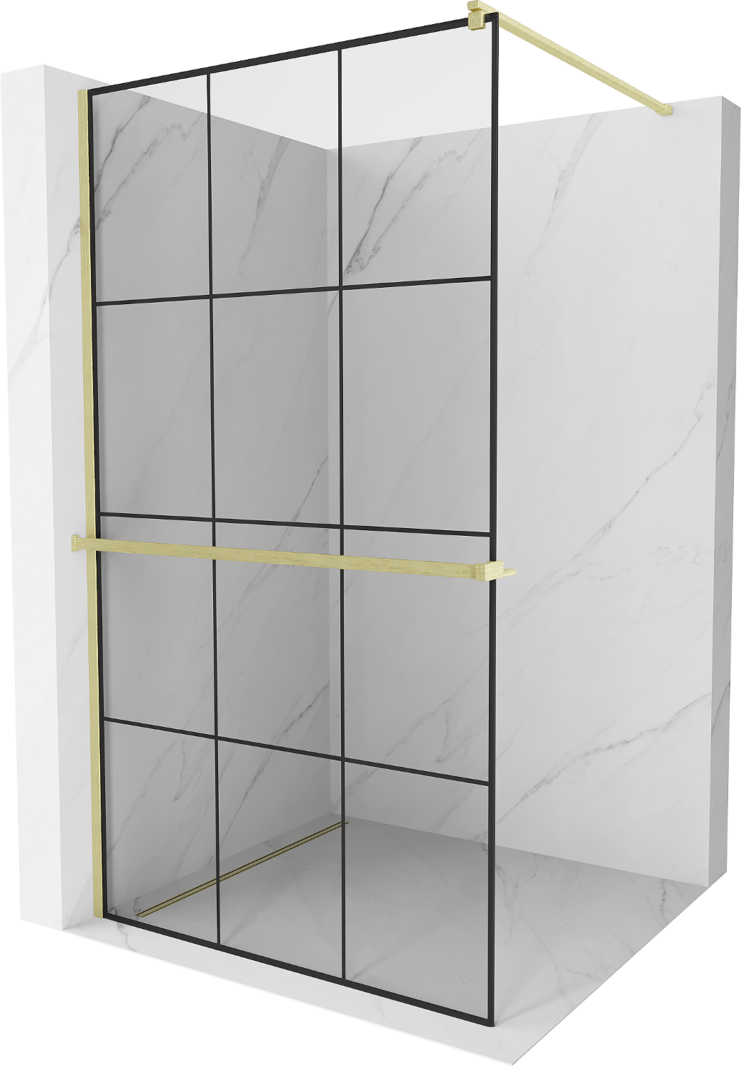 Mexen Kioto+ ścianka prysznicowa z półką Walk-in 100 x 200 cm, czarny wzór, złota szczotkowana - 800-100-121-55-77