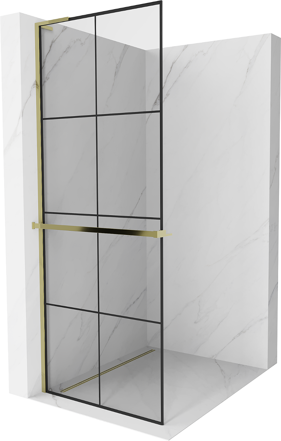 Mexen Kioto+ L ścianka prysznicowa z półką Walk-in 70 x 200 cm, czarny wzór, złota - 800-070-123-50-77
