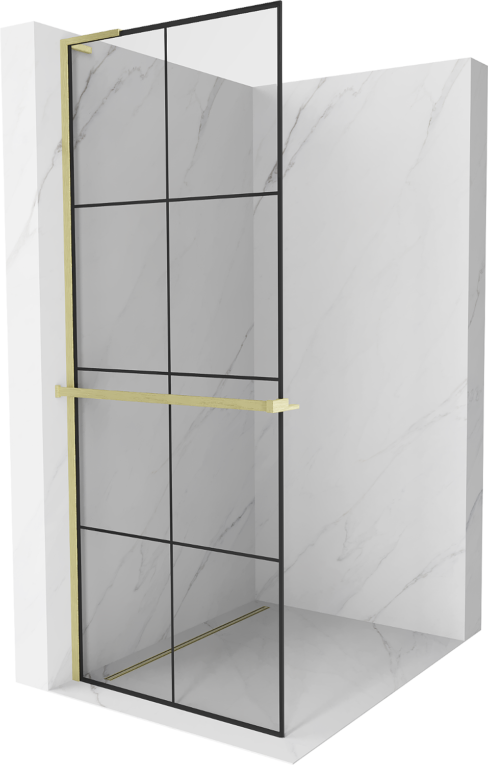 Mexen Kioto+ L ścianka prysznicowa z półką Walk-in 90 x 200 cm, czarny wzór, złota szczotkowana - 800-090-123-55-77