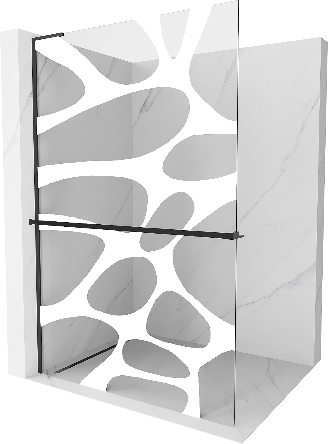 Mexen Kioto+ L ścianka prysznicowa z półką Walk-in 120 x 200 cm, biały wzór, czarna - 800-120-123-70-97