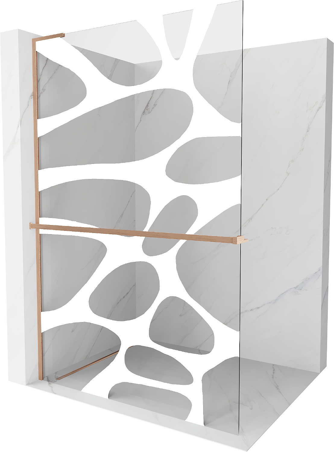 Mexen Kioto+ L ścianka prysznicowa z półką Walk-in 90 x 200 cm, biały wzór, miedź szczotkowana - 800-090-123-65-97