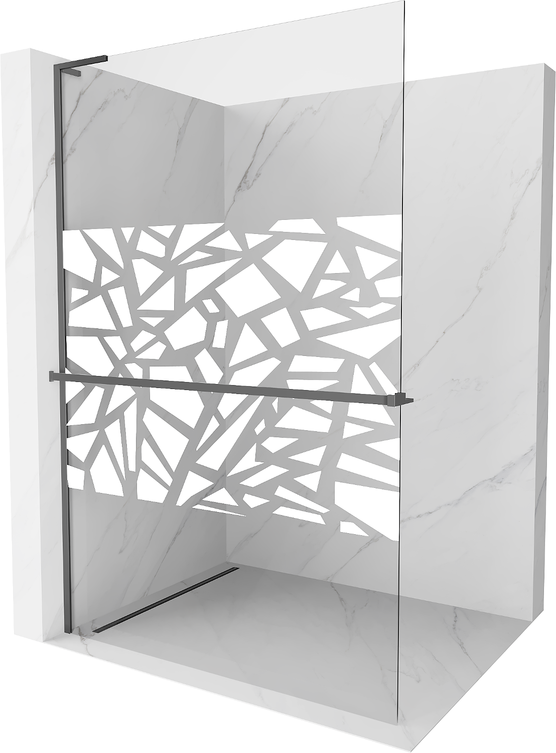 Mexen Kioto+ L ścianka prysznicowa z półką Walk-in 80 x 200 cm, biały wzór, gun metal szczotkowany - 800-080-123-95-85