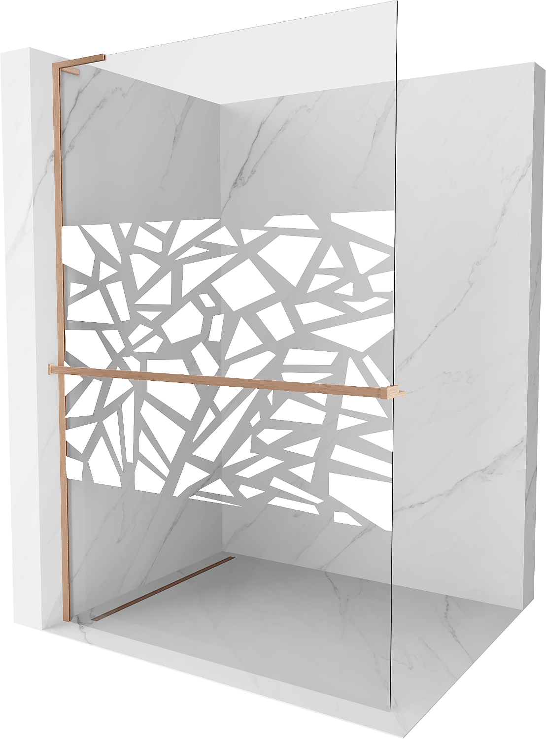 Mexen Kioto+ L ścianka prysznicowa z półką Walk-in 120 x 200 cm, biały wzór, miedź szczotkowana - 800-120-123-65-85