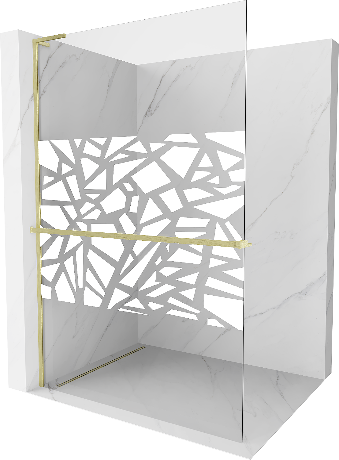 Mexen Kioto+ L ścianka prysznicowa z półką Walk-in 110 x 200 cm, biały wzór, złota szczotkowana - 800-110-123-55-85