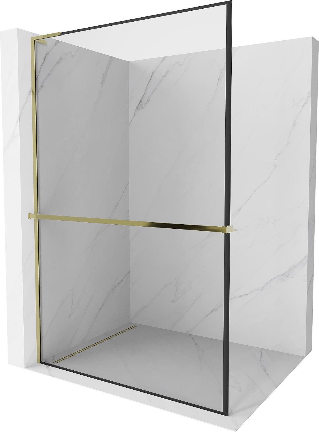 Mexen Kioto+ L ścianka prysznicowa z półką Walk-in 90 x 200 cm, czarny wzór, złota - 800-090-123-50-70