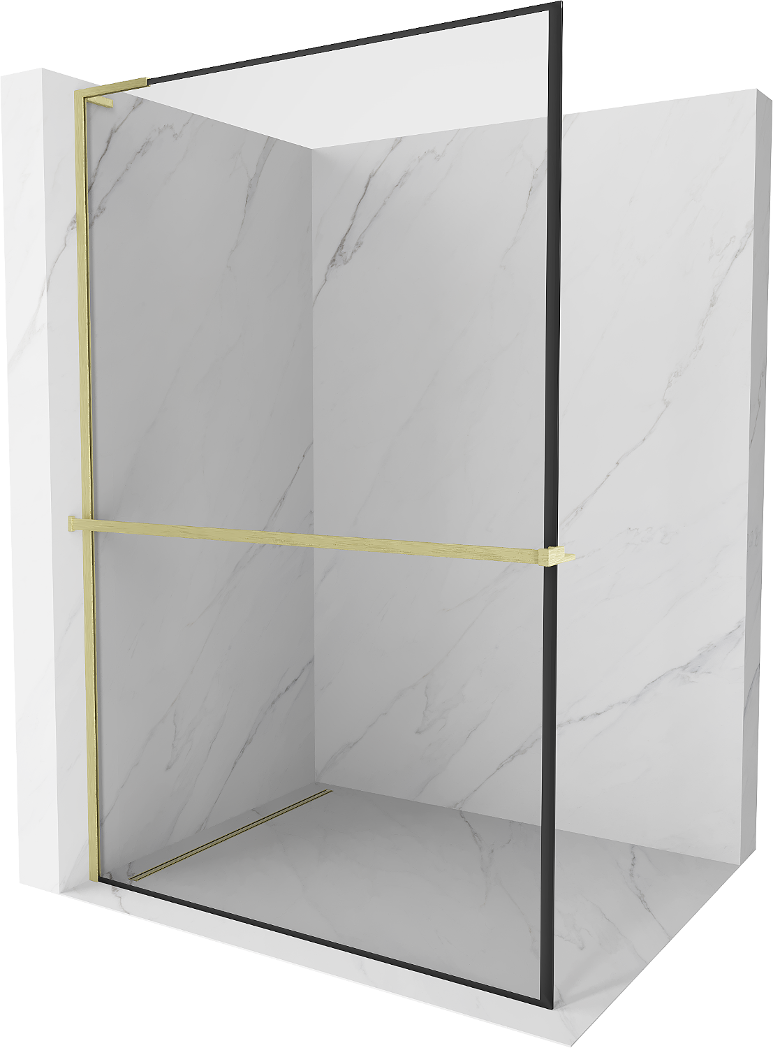 Mexen Kioto+ L ścianka prysznicowa z półką Walk-in 120 x 200 cm, czarny wzór, złota szczotkowana - 800-120-123-55-70