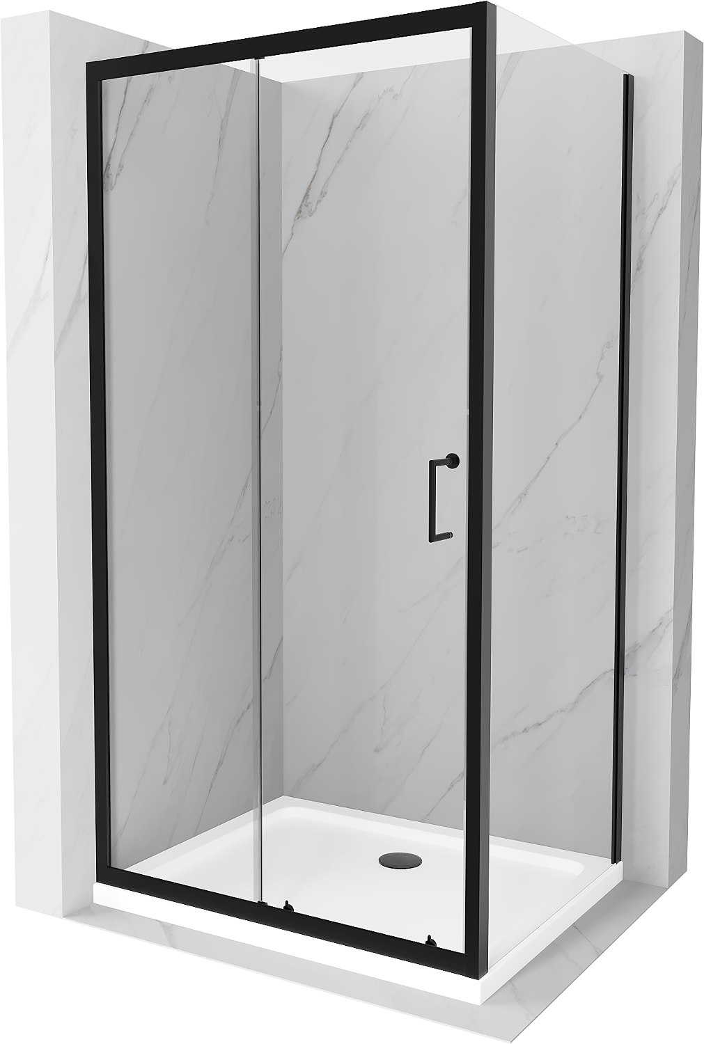 Mexen Apia kabina prysznicowa rozsuwana 130 x 100 cm, transparent, czarna + brodzik Flat, biały- 840-130-100-70-00-4010B