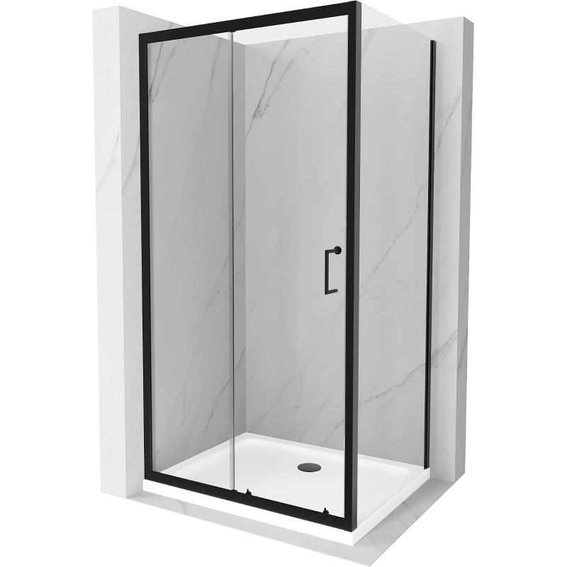 Mexen Apia kabina prysznicowa rozsuwana 90 x 70 cm, transparent, czarna + brodzik Flat, biały- 840-090-070-70-00-4010B