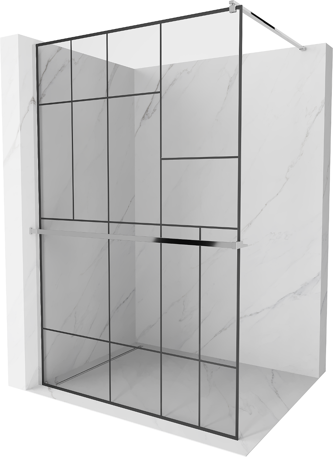 Mexen Kioto+ ścianka prysznicowa z półką Walk-in 110 x 200 cm, czarny wzór, chrom - 800-110-121-01-78