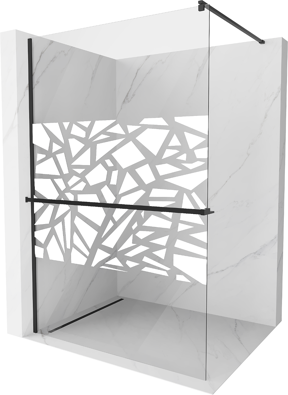 Mexen Kioto+ ścianka prysznicowa z półką Walk-in 90 x 200 cm, biały wzór, czarna - 800-090-121-70-85