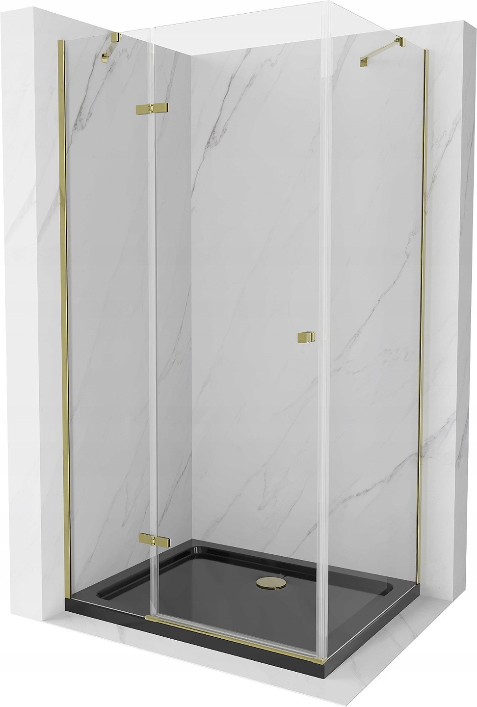 Mexen Roma kabina prysznicowa uchylna 90 x 100 cm, transparent, złota + brodzik Flat, czarny - 854-090-100-50-00-4070G