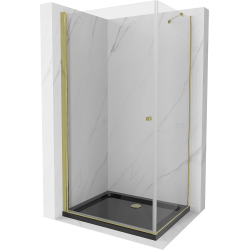Mexen Pretoria kabina prysznicowa uchylna 90 x 80 cm, transparent, złota + brodzik Flat, czarny - 852-090-080-50-00-4070G