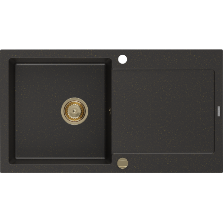 Mexen Leo zlewozmywak granitowy 1-komorowy z ociekaczem 900 x 500 mm, czarny/złoty metalik, syfon złoty - 6501901010-75-G