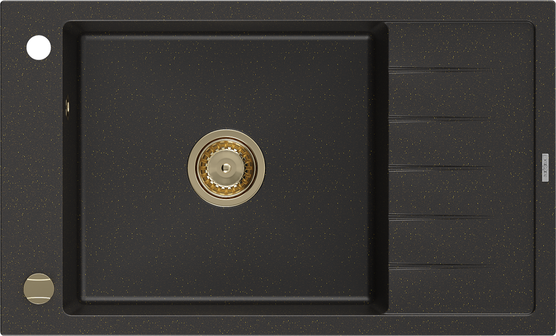 Mexen Elias zlewozmywak granitowy 1-komorowy z ociekaczem 795 x 480 mm, czarny/złoty metalik, syfon złoty - 6511791005-75-G