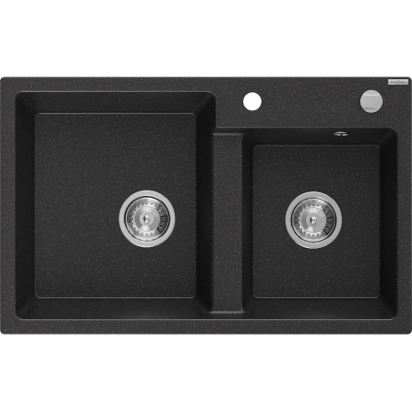 Mexen Tomas zlewozmywak granitowy 2-komorowy 800 x 500 mm, czarny/srebrny metalik, syfon chrom - 6516802000-73