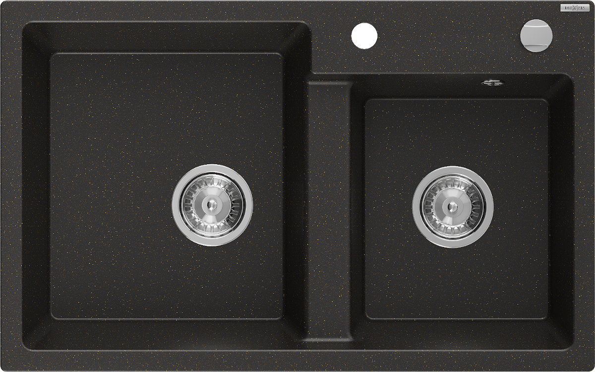Mexen Tomas zlewozmywak granitowy 2-komorowy 800 x 500 mm, czarny/złoty metalik, syfon chrom - 6516802000-75